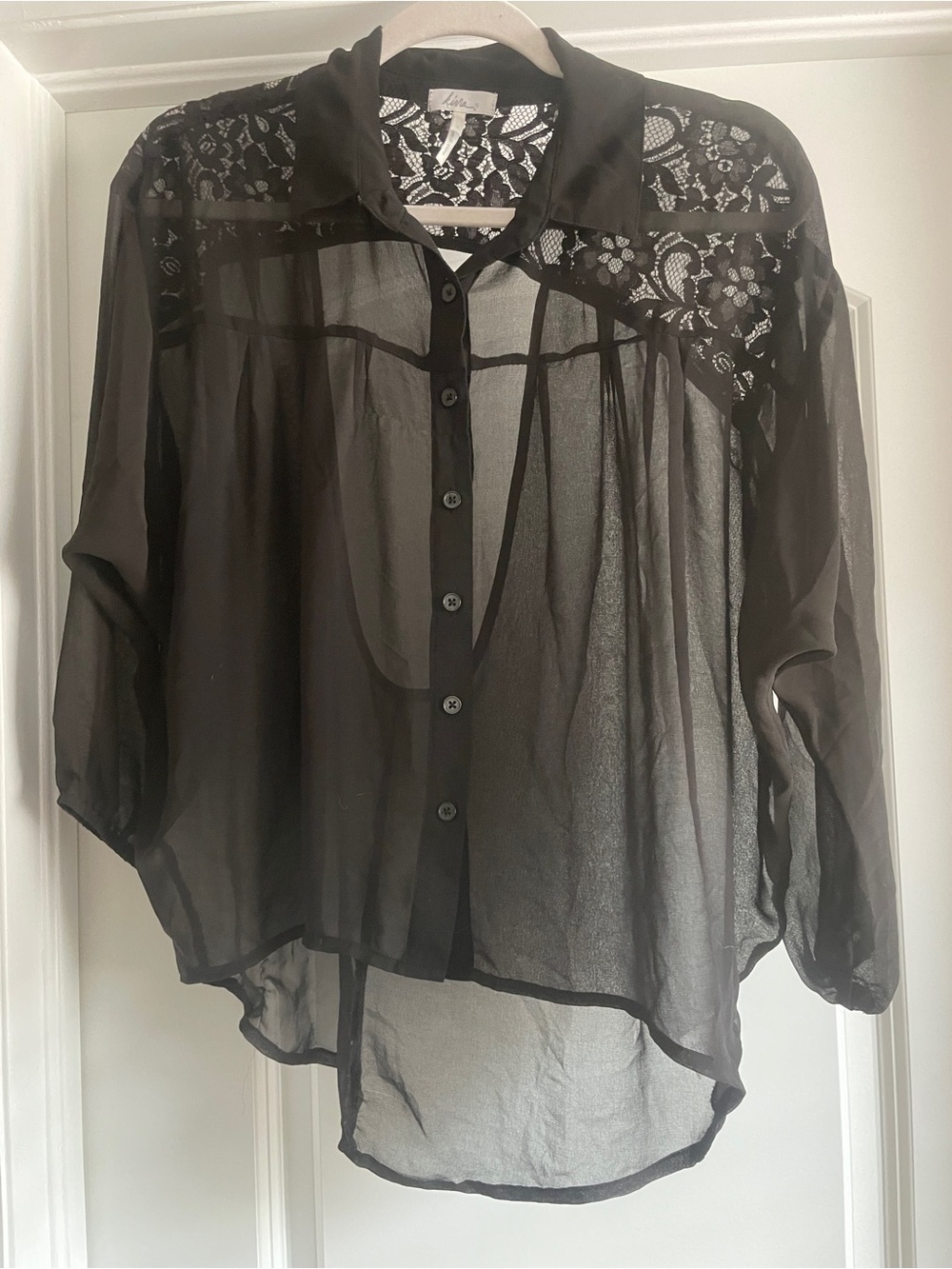 Kirra Sheer Lace Yoke Button-Front Blouse Long Sleeve Lightweight Top Size Small